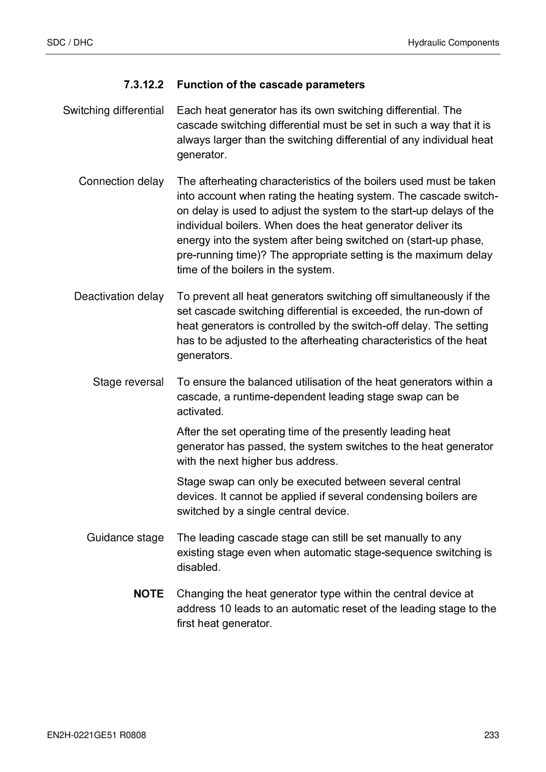 Honeywell EN2H-0221GE51 R0808 service manual Function of the cascade parameters 