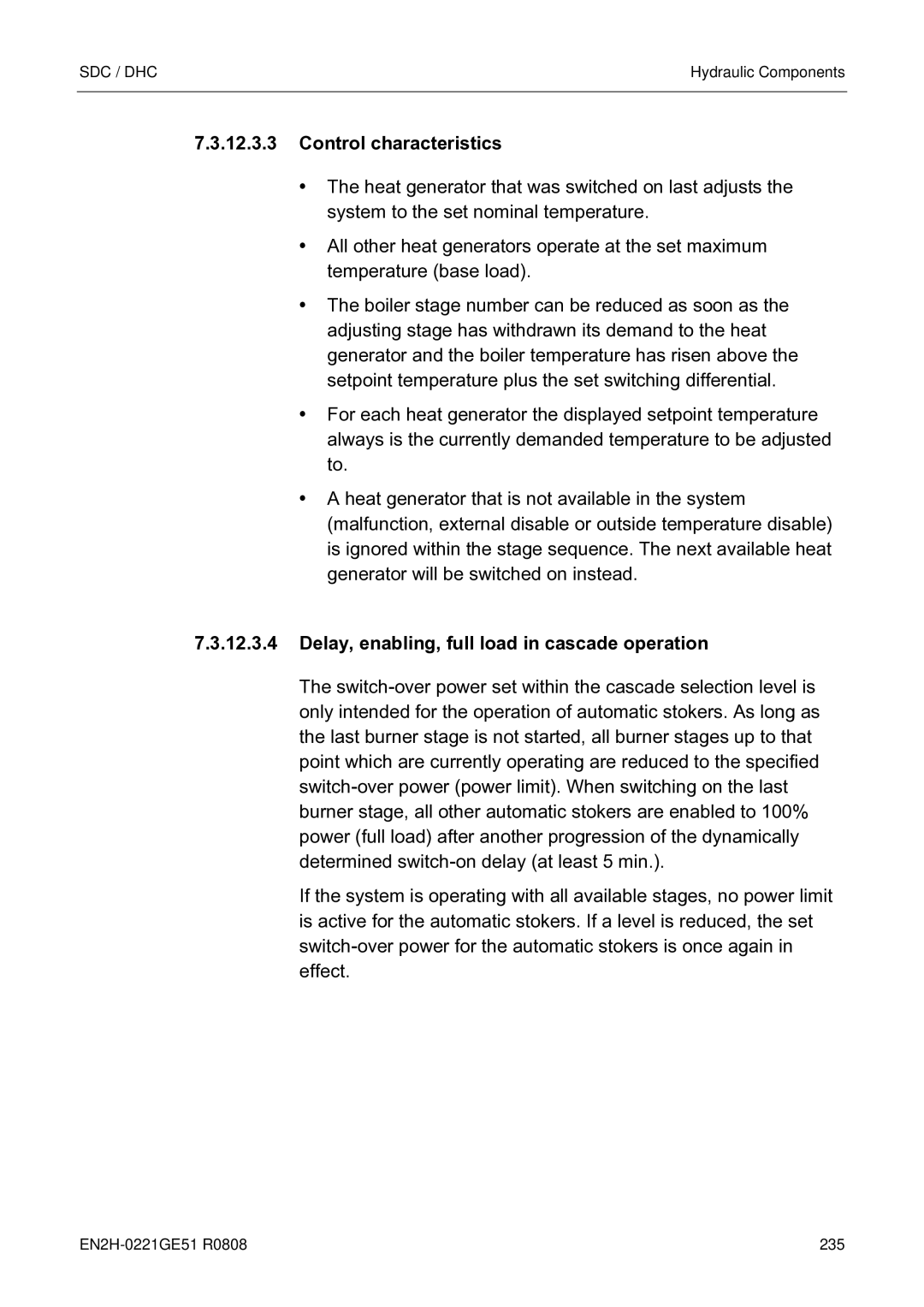 Honeywell EN2H-0221GE51 R0808 service manual Control characteristics, Delay, enabling, full load in cascade operation 