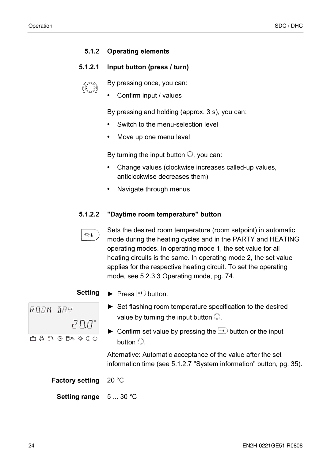Honeywell EN2H-0221GE51 R0808 Operating elements Input button press / turn, Daytime room temperature button, Setting 