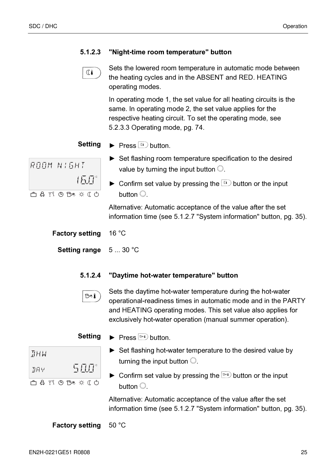 Honeywell EN2H-0221GE51 R0808 Night-time room temperature button, Factory setting Setting range 2.4, Factory setting 50 C 