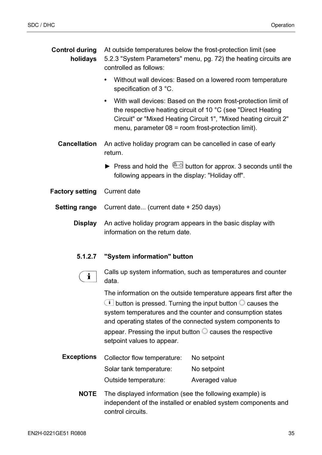 Honeywell EN2H-0221GE51 R0808 service manual Factory setting Current date, System information button 