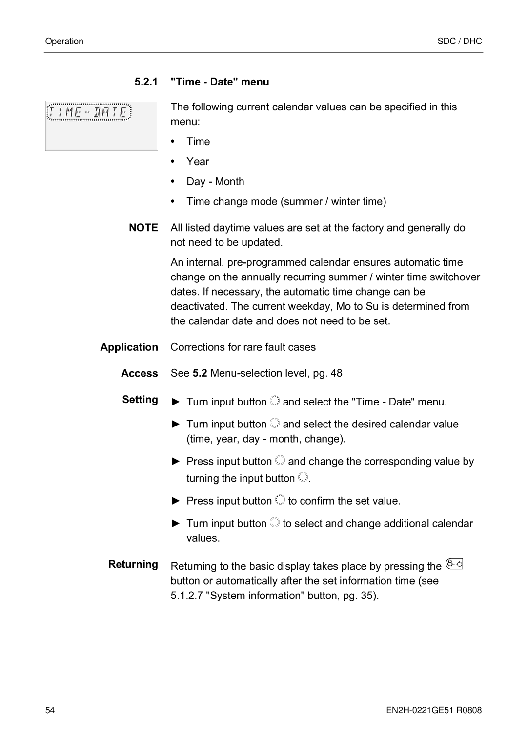 Honeywell EN2H-0221GE51 R0808 service manual Time Date menu, Access, Returning 