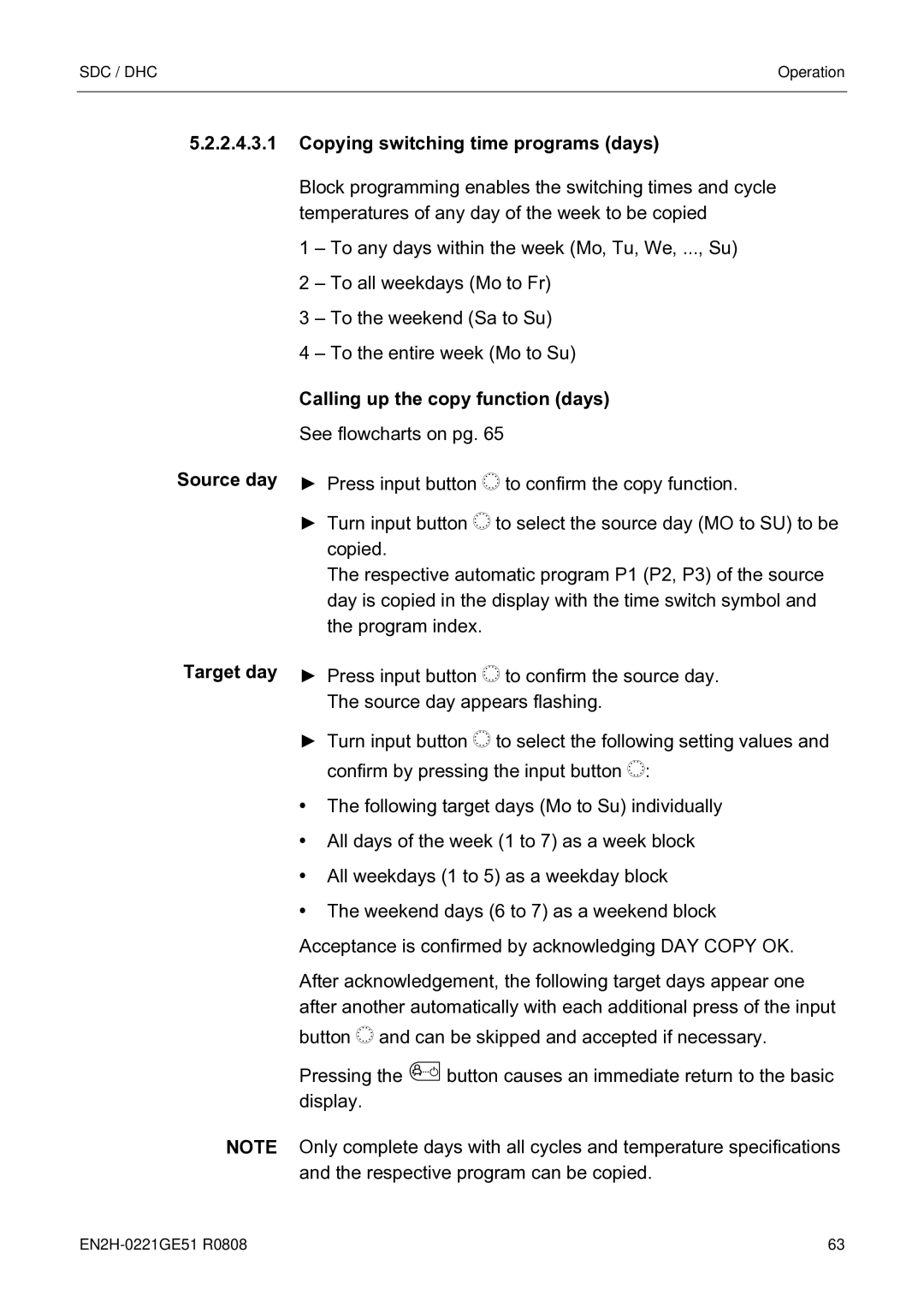 Honeywell EN2H-0221GE51 R0808 service manual Copying switching time programs days Source day Target day 