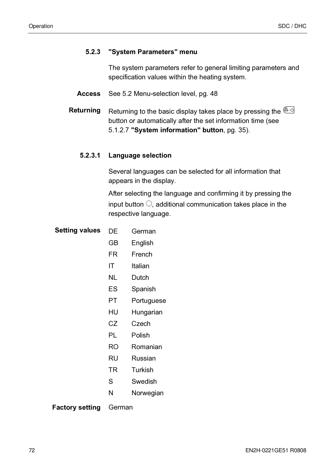 Honeywell EN2H-0221GE51 R0808 System Parameters menu Access Returning, System information button, pg Language selection 