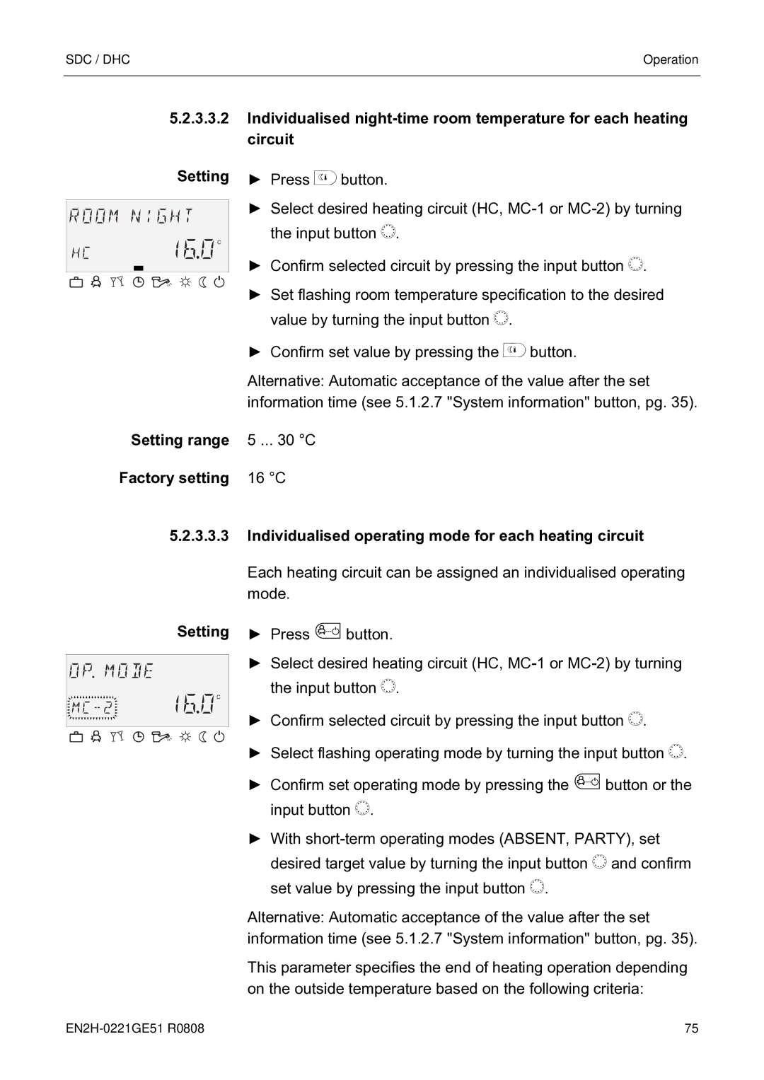 Honeywell EN2H-0221GE51 R0808 service manual Individualised operating mode for each heating circuit, Setting 