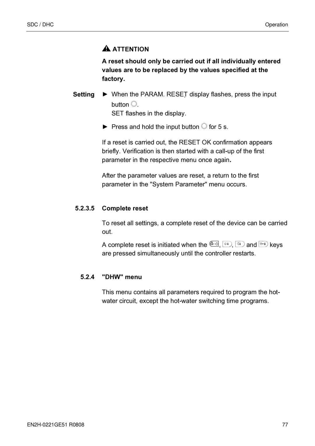 Honeywell EN2H-0221GE51 R0808 service manual Complete reset, DHW menu 