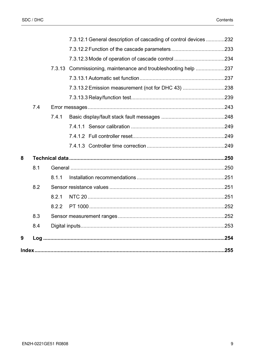 Honeywell EN2H-0221GE51 R0808 service manual Technical data 250, 254, 255 