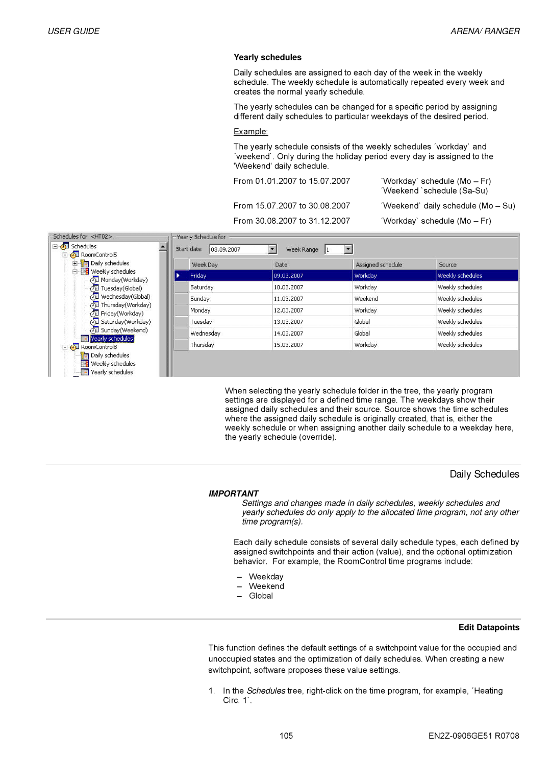 Honeywell EN2Z-0906GE51 R0708 manual Daily Schedules, Yearly schedules, Edit Datapoints 