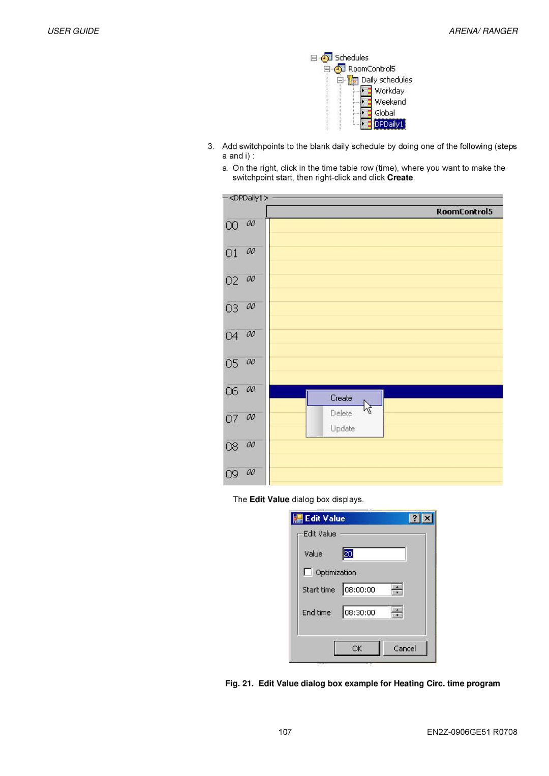 Honeywell EN2Z-0906GE51 R0708 manual Edit Value dialog box example for Heating Circ. time program 