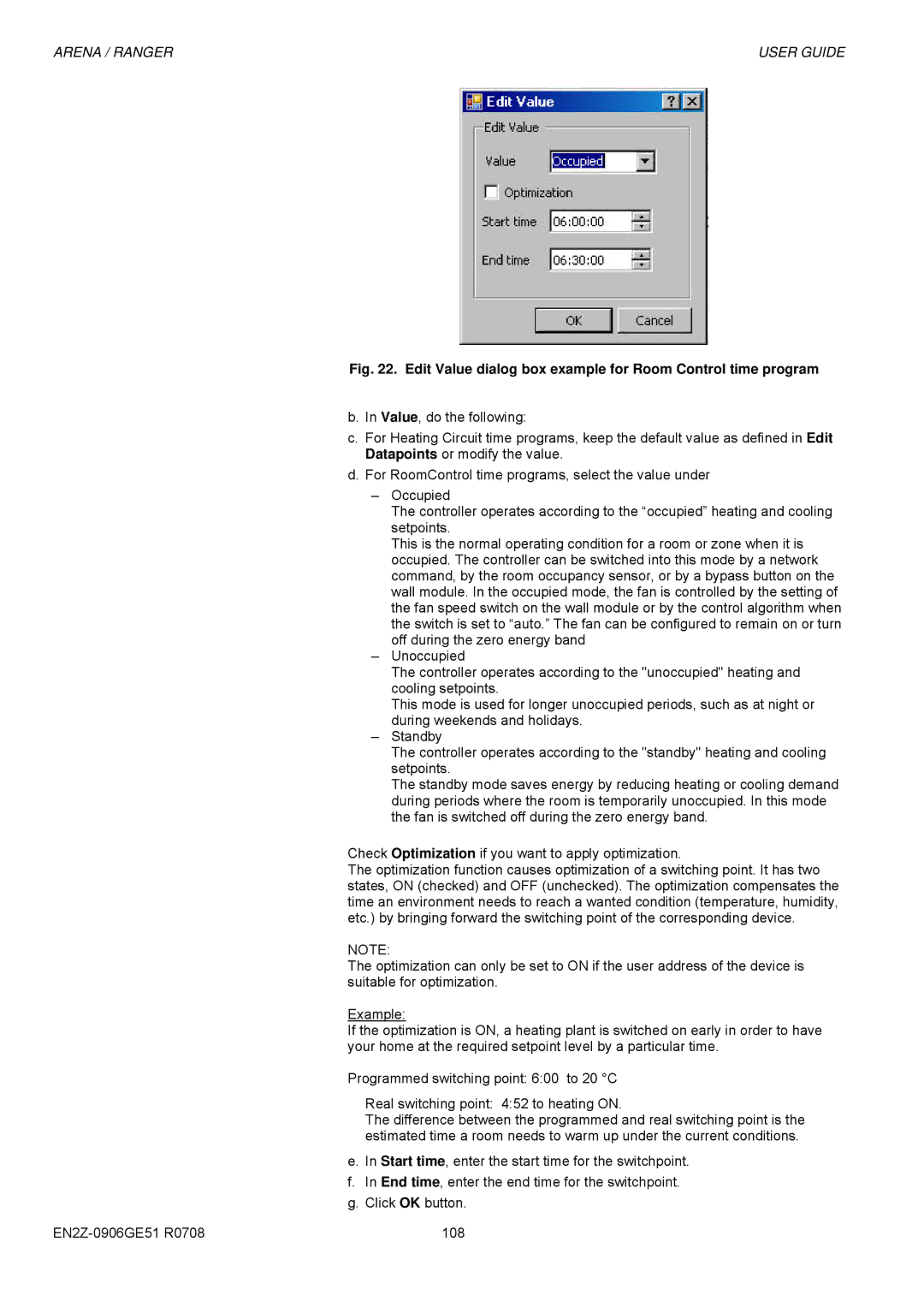 Honeywell EN2Z-0906GE51 R0708 manual Edit Value dialog box example for Room Control time program 