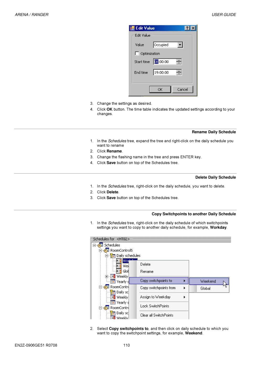 Honeywell EN2Z-0906GE51 R0708 Rename Daily Schedule, Delete Daily Schedule, Copy Switchpoints to another Daily Schedule 