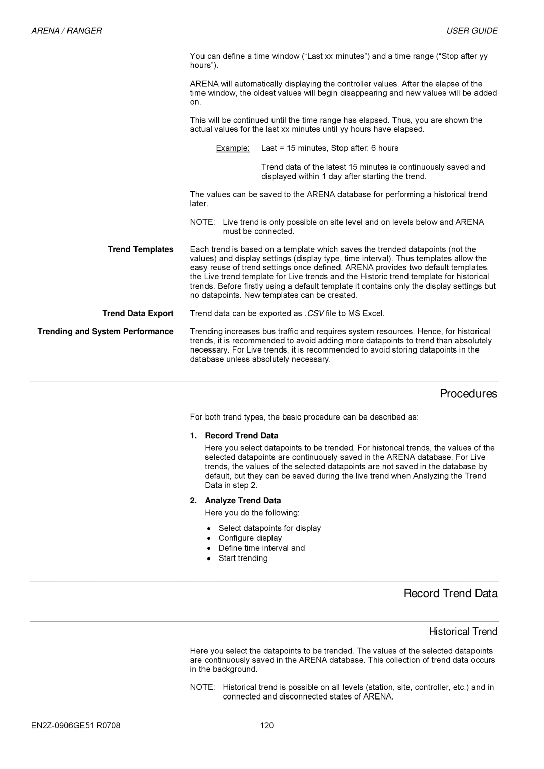 Honeywell EN2Z-0906GE51 R0708 manual Procedures, Record Trend Data, Historical Trend 