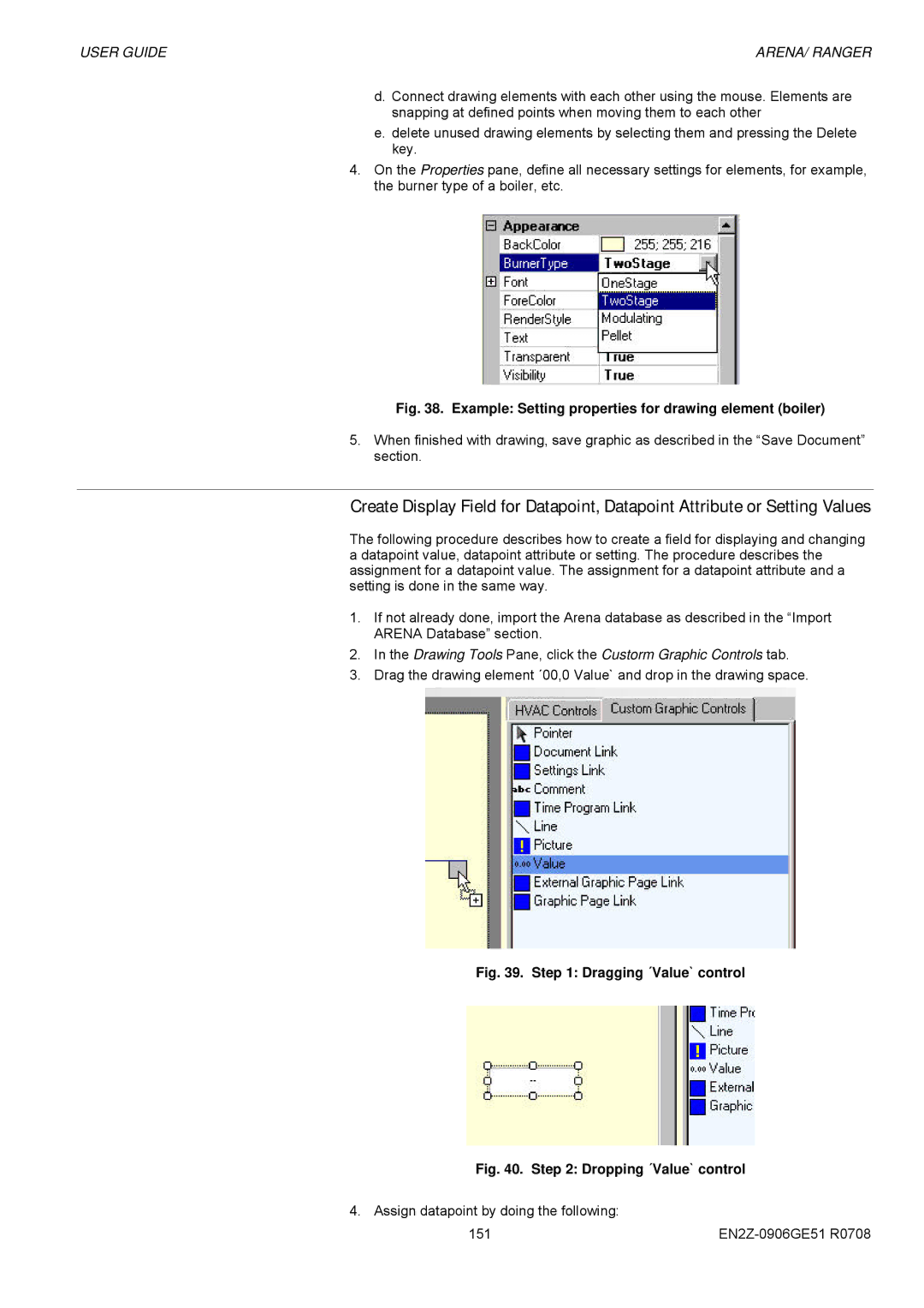 Honeywell EN2Z-0906GE51 R0708 manual Example Setting properties for drawing element boiler 