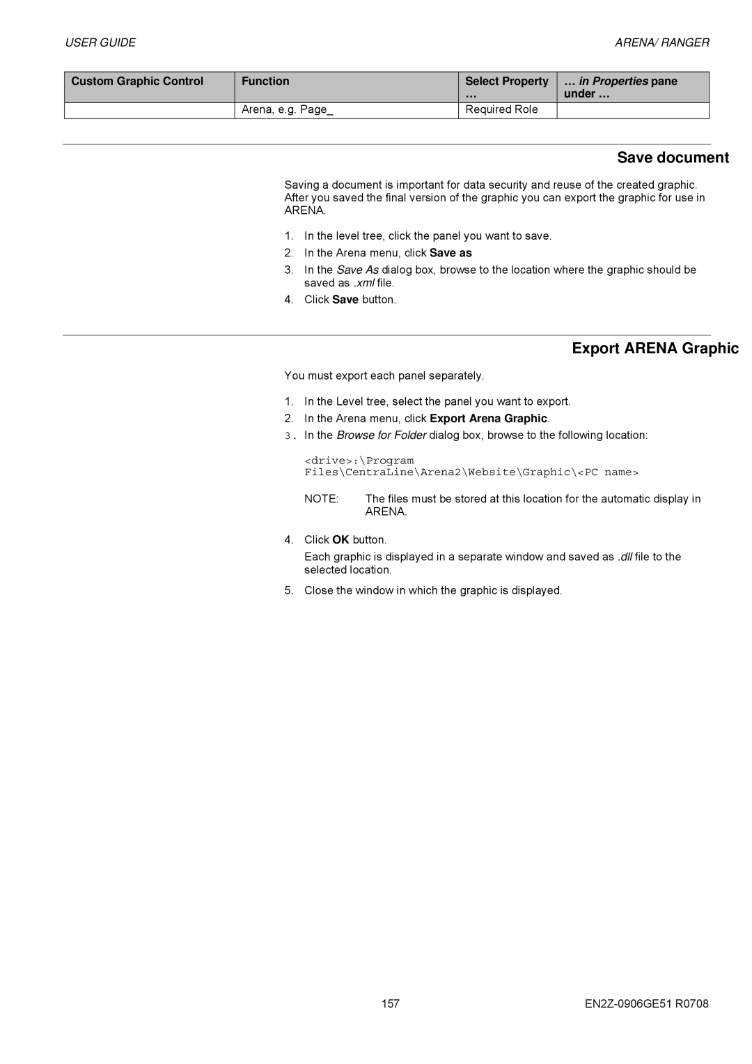 Honeywell EN2Z-0906GE51 R0708 manual Save document, Export Arena Graphic, Arena, e.g. Required Role 