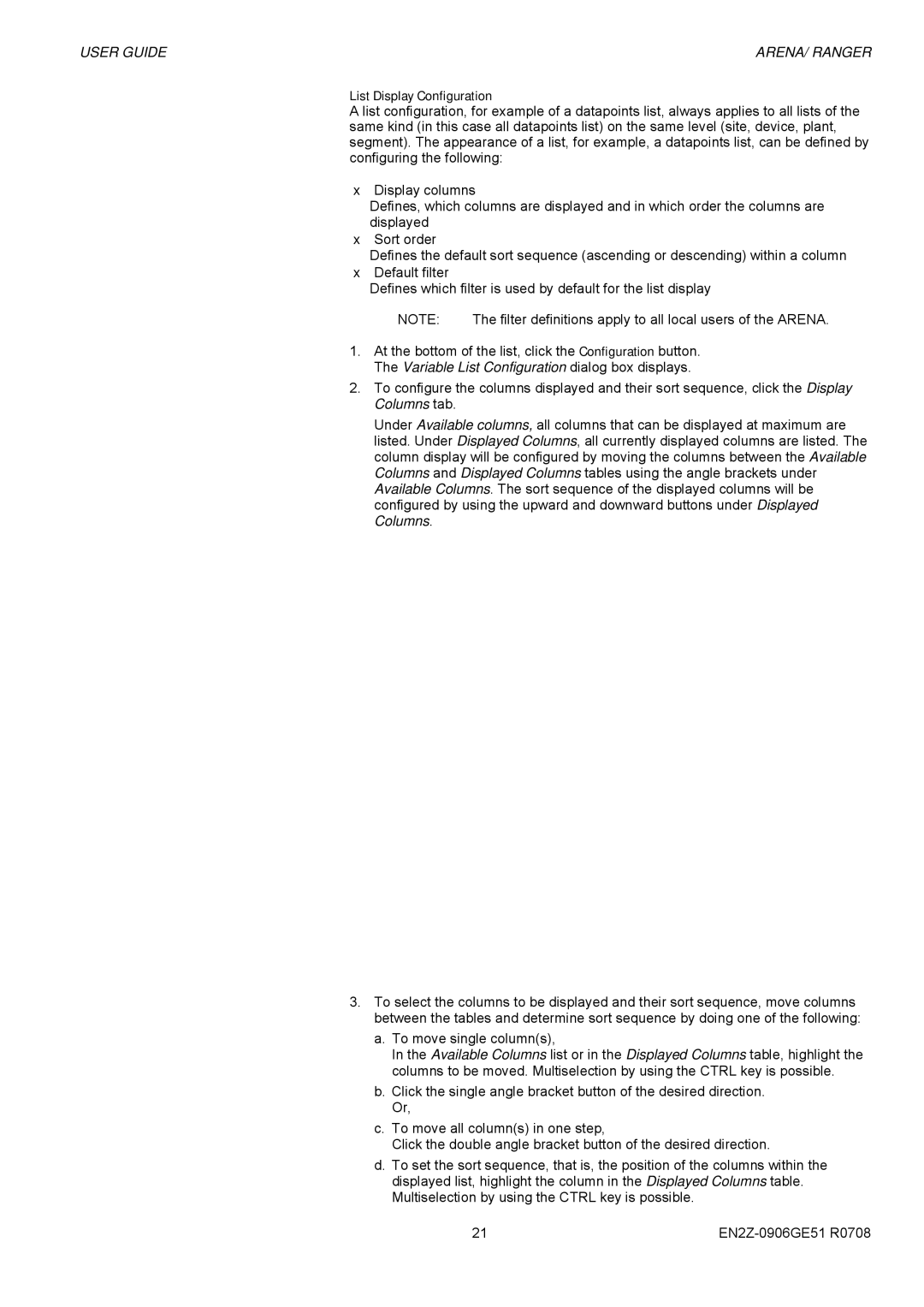 Honeywell EN2Z-0906GE51 R0708 manual List Display Configuration, To move single columns 