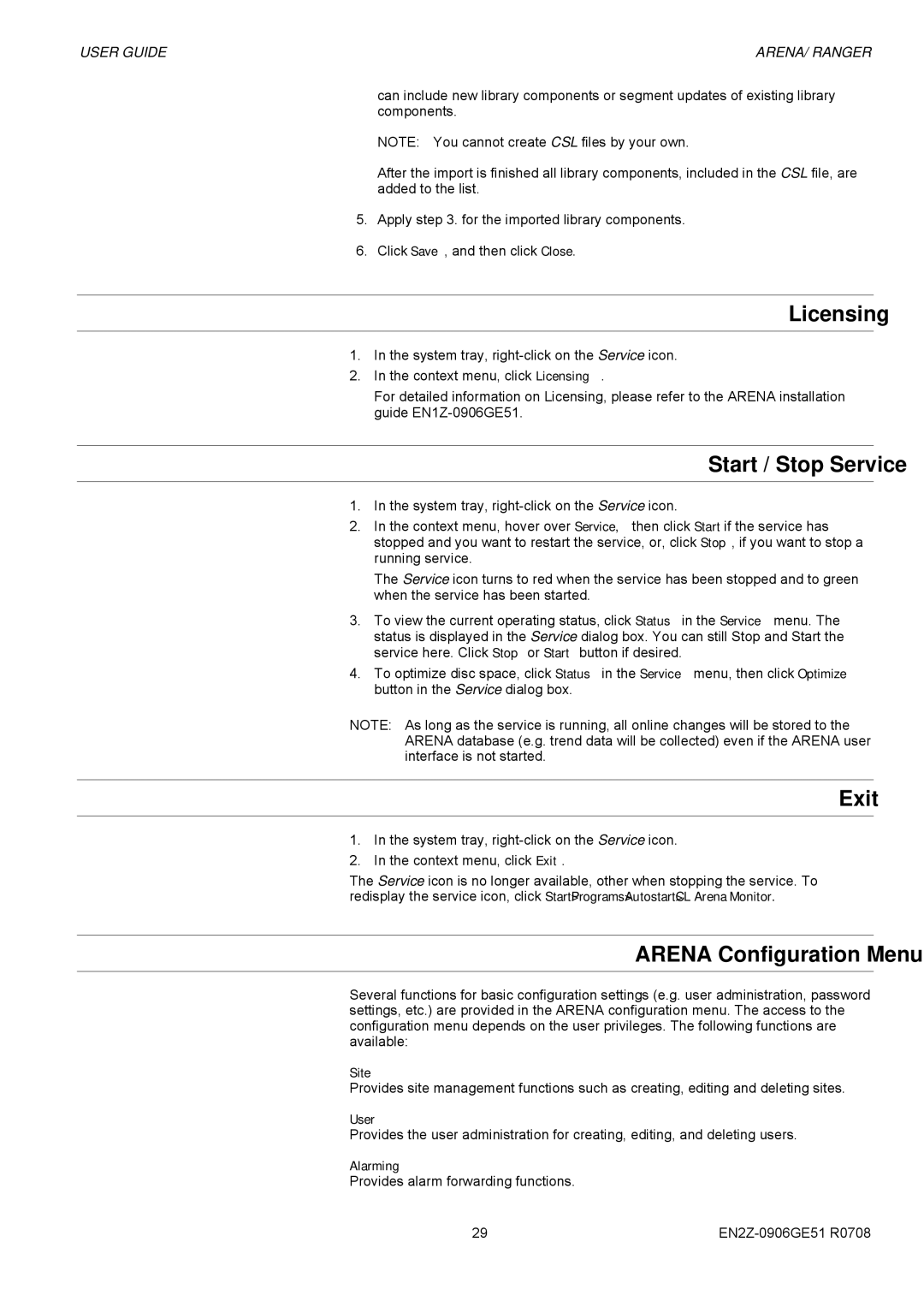 Honeywell EN2Z-0906GE51 R0708 manual Licensing, Start / Stop Service, Exit, Arena Configuration Menu 