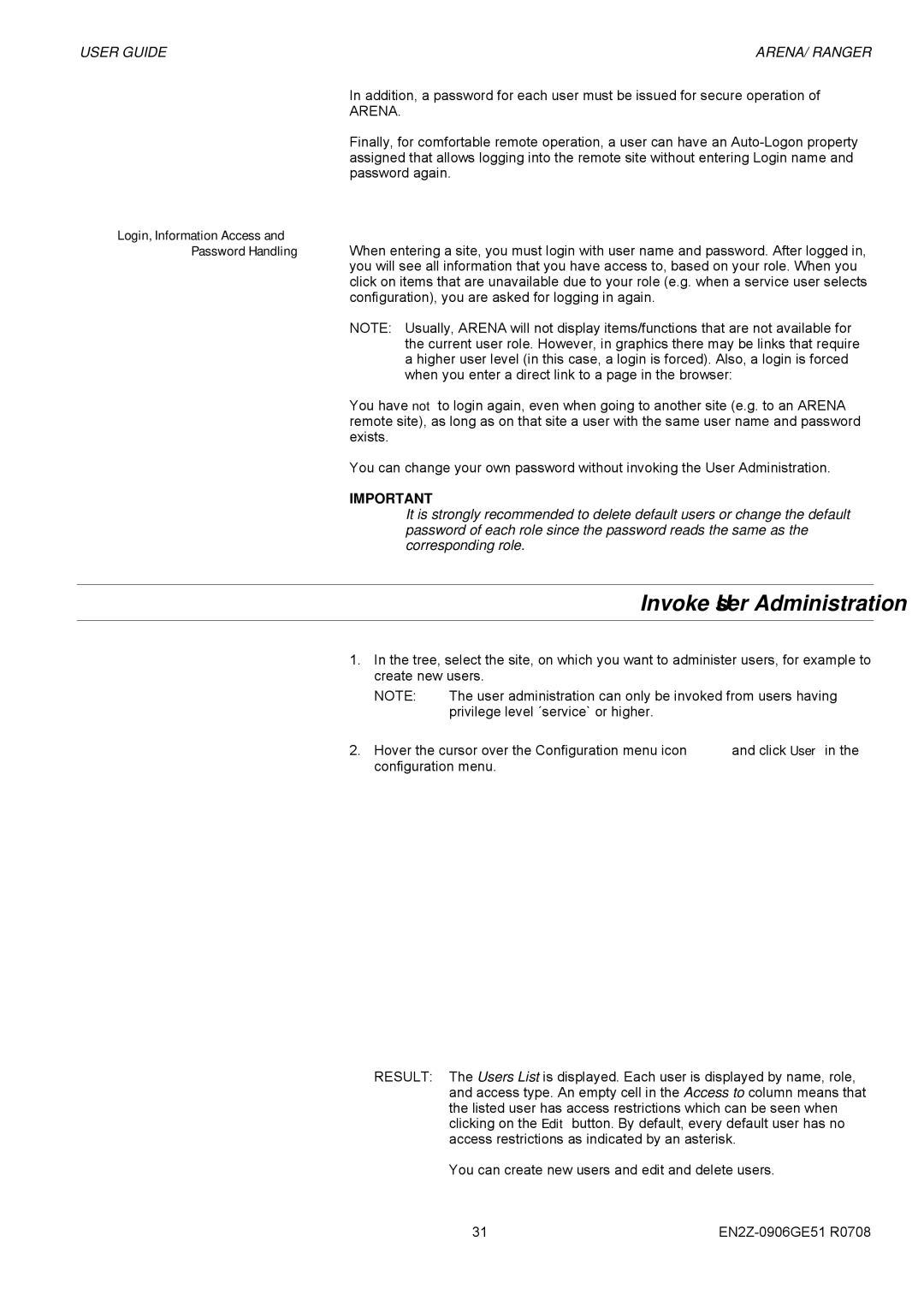 Honeywell EN2Z-0906GE51 R0708 manual Invoke User Administration, Login, Information Access 