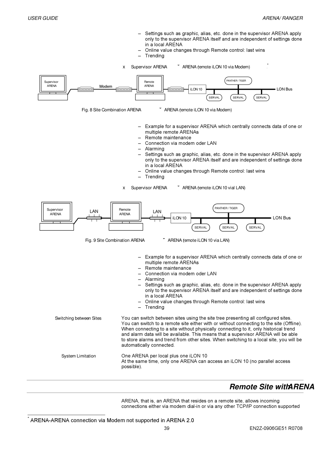 Honeywell EN2Z-0906GE51 R0708 manual Remote Site with Arena, Supervisor Arena Æ Arena remote iLON 10 via Modem2 