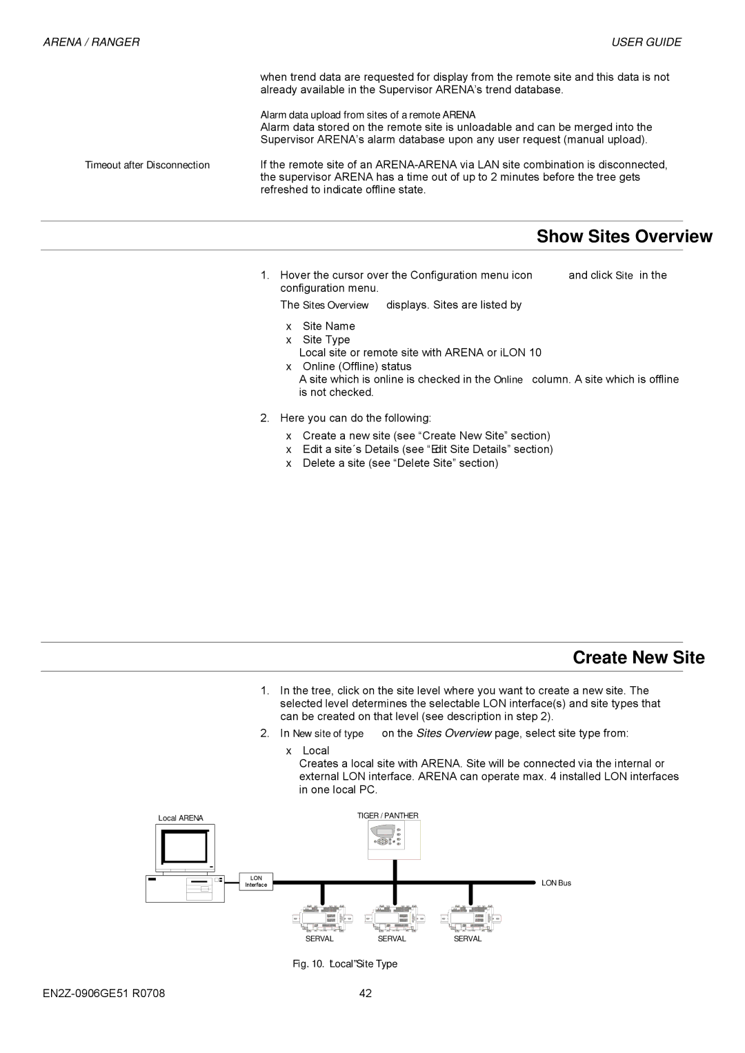 Honeywell EN2Z-0906GE51 R0708 manual Show Sites Overview, Create New Site, Alarm data upload from sites of a remote Arena 