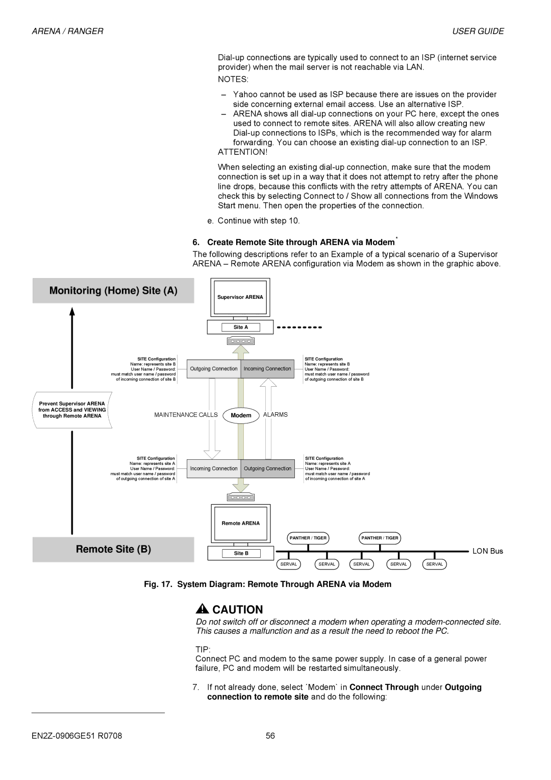 Honeywell EN2Z-0906GE51 R0708 Create Remote Site through Arena via Modem4, System Diagram Remote Through Arena via Modem 