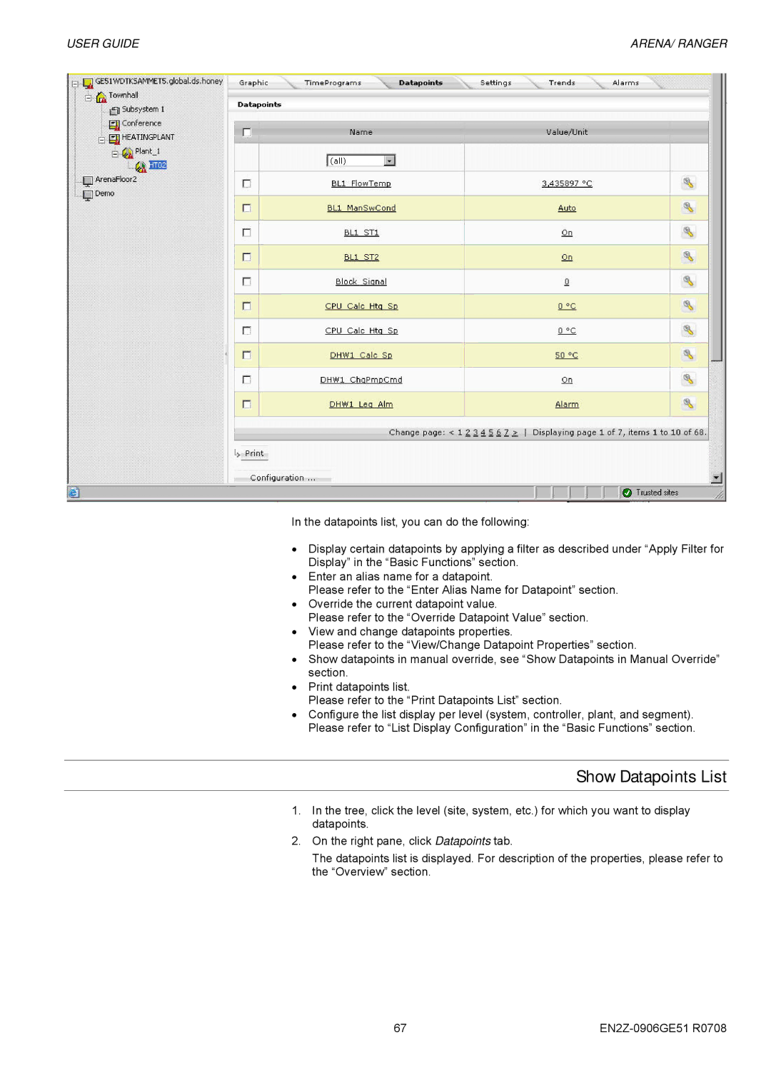 Honeywell EN2Z-0906GE51 R0708 manual Show Datapoints List 