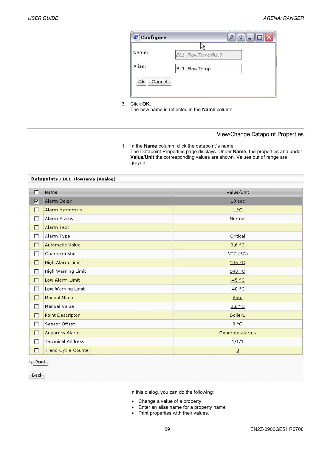 Honeywell EN2Z-0906GE51 R0708 manual View/Change Datapoint Properties 