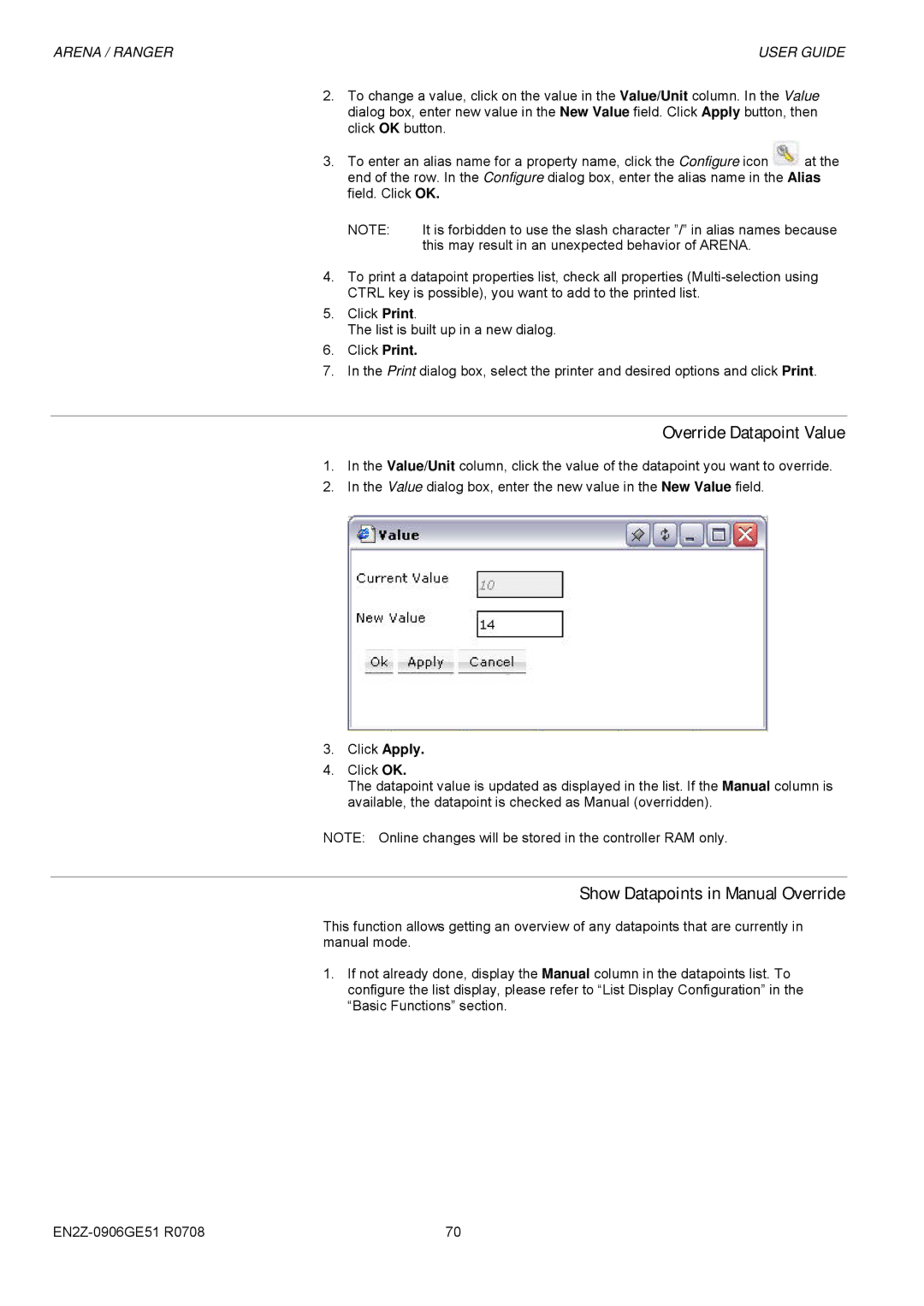 Honeywell EN2Z-0906GE51 R0708 manual Override Datapoint Value, Show Datapoints in Manual Override 