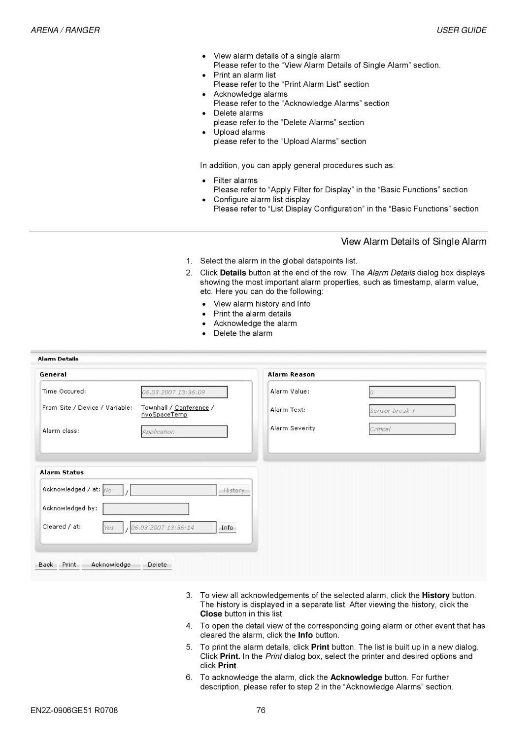 Honeywell EN2Z-0906GE51 R0708 manual View Alarm Details of Single Alarm 