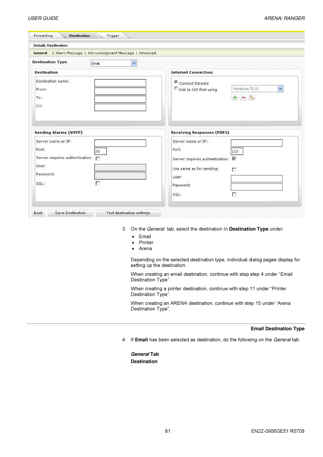 Honeywell EN2Z-0906GE51 R0708 manual Email Destination Type, General Tab Destination 