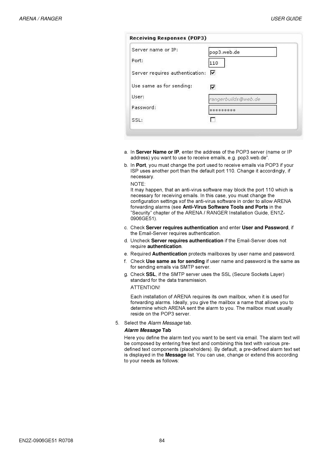 Honeywell EN2Z-0906GE51 R0708 manual Alarm Message Tab 