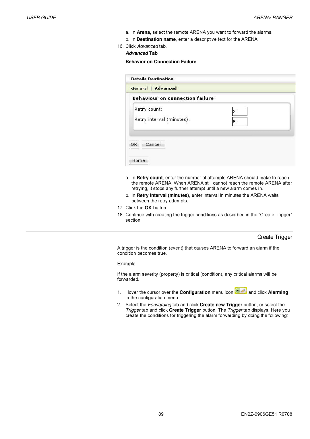 Honeywell EN2Z-0906GE51 R0708 manual Create Trigger, Behavior on Connection Failure 