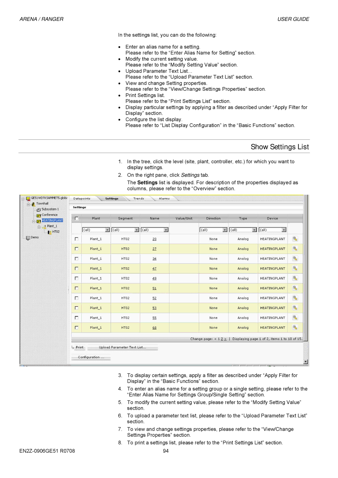 Honeywell EN2Z-0906GE51 R0708 manual Show Settings List 