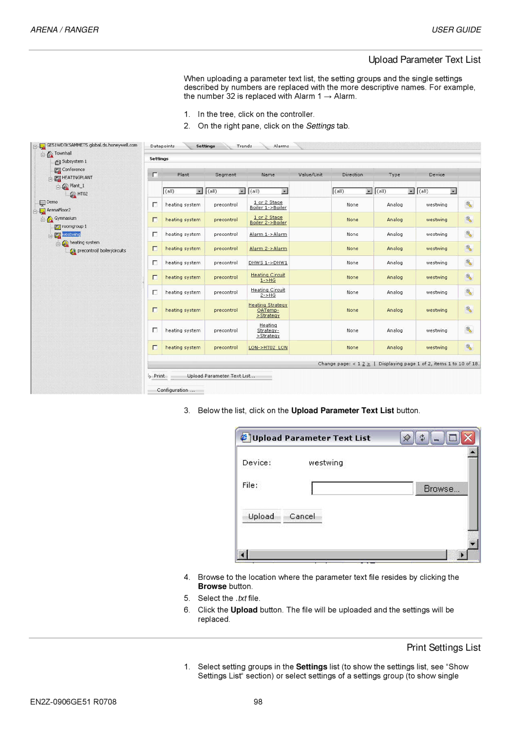 Honeywell EN2Z-0906GE51 R0708 manual Upload Parameter Text List, Print Settings List 