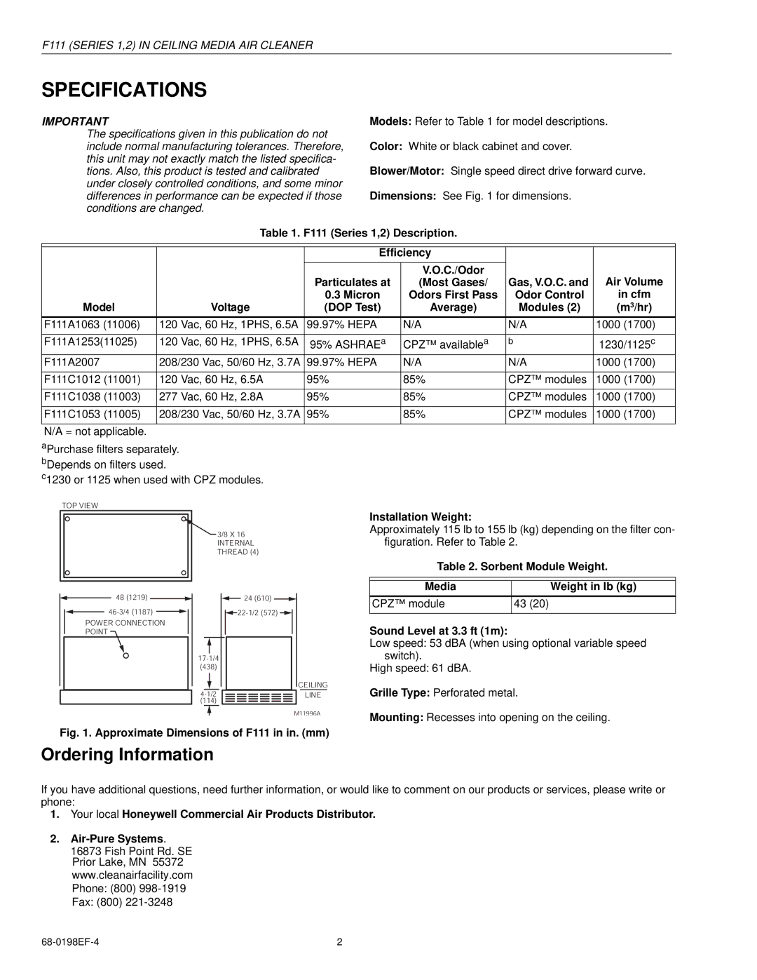 Honeywell F111 Series 2, F111 Series 1 specifications Specifications, Ordering Information, Most Gases, Installation Weight 