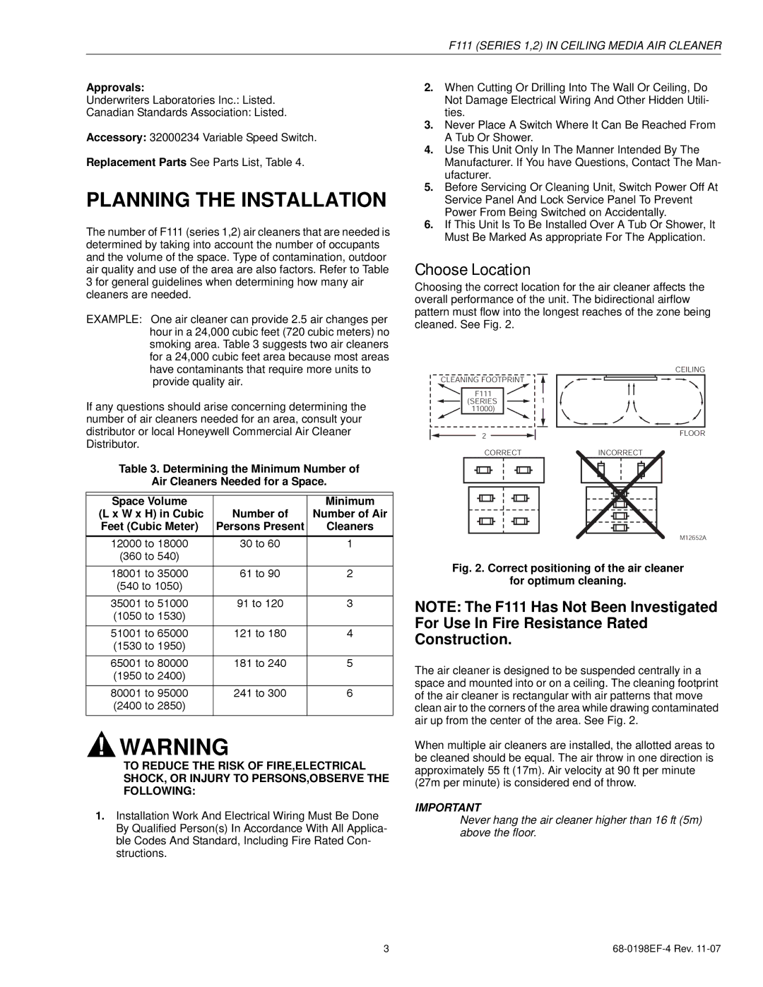 Honeywell F111 Series 1 Planning the Installation, Choose Location, For Use In Fire Resistance Rated Construction 