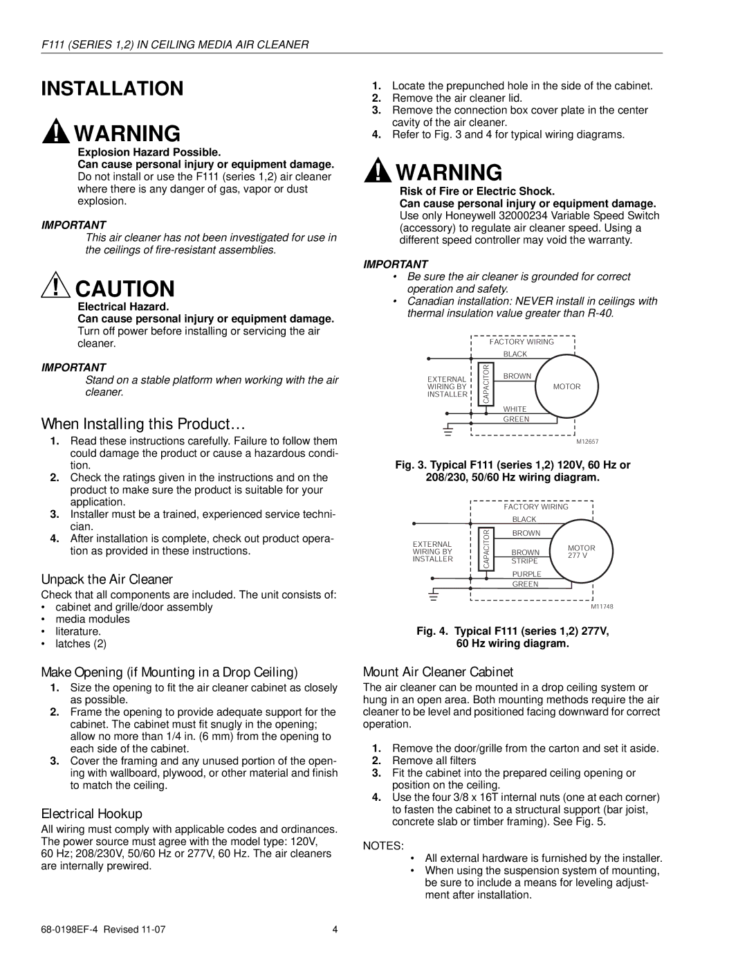 Honeywell F111 Series 2, F111 Series 1 specifications Installation, When Installing this Product… 