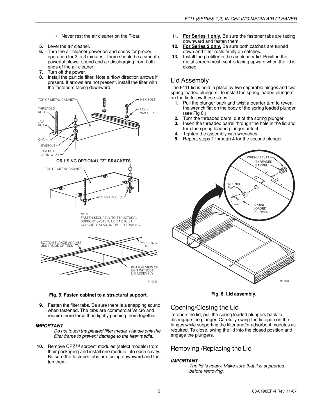 Honeywell F111 Series 1, F111 Series 2 specifications Lid Assembly, Opening/Closing the Lid, Removing /Replacing the Lid 