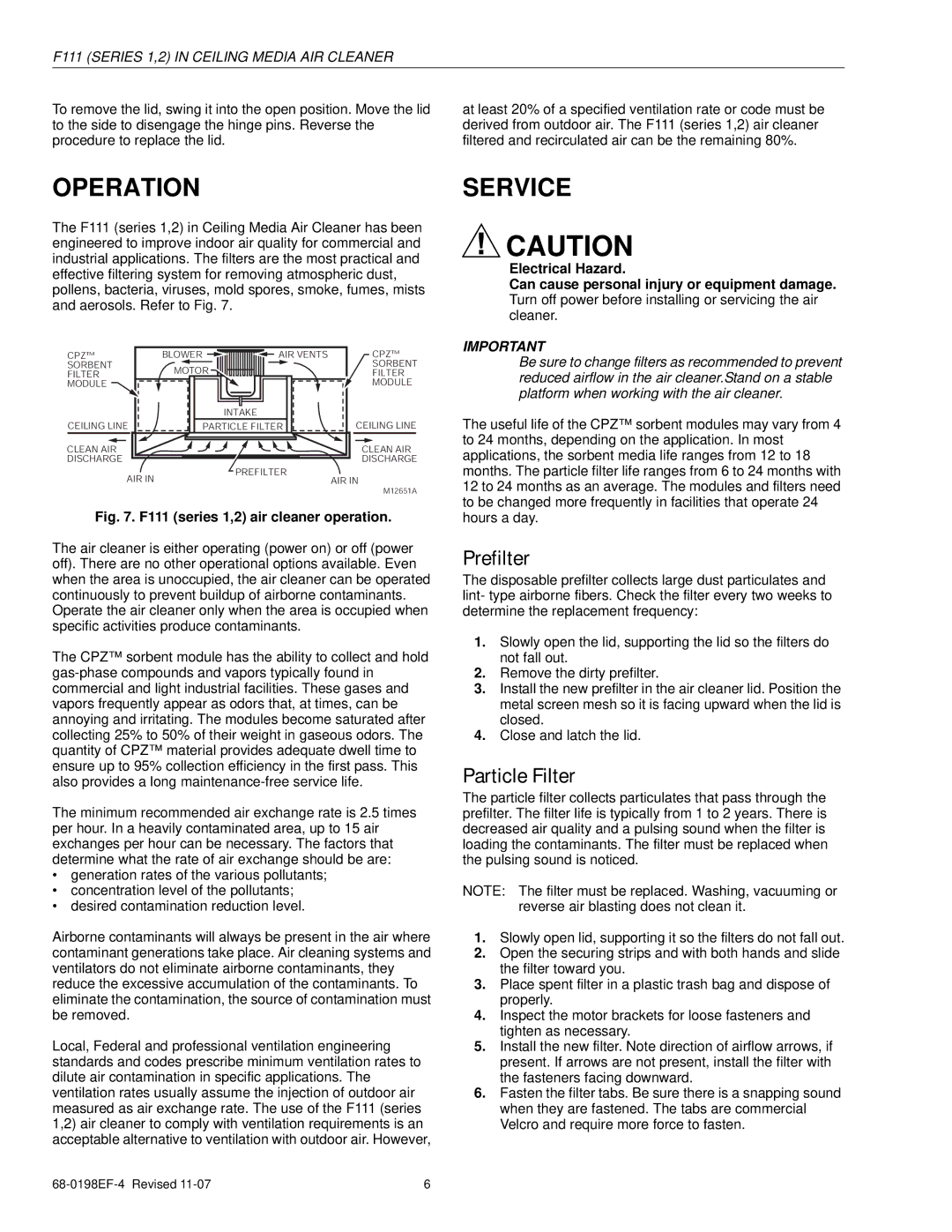 Honeywell F111 Series 2, F111 Series 1 specifications Operation, Service, Prefilter, Particle Filter 