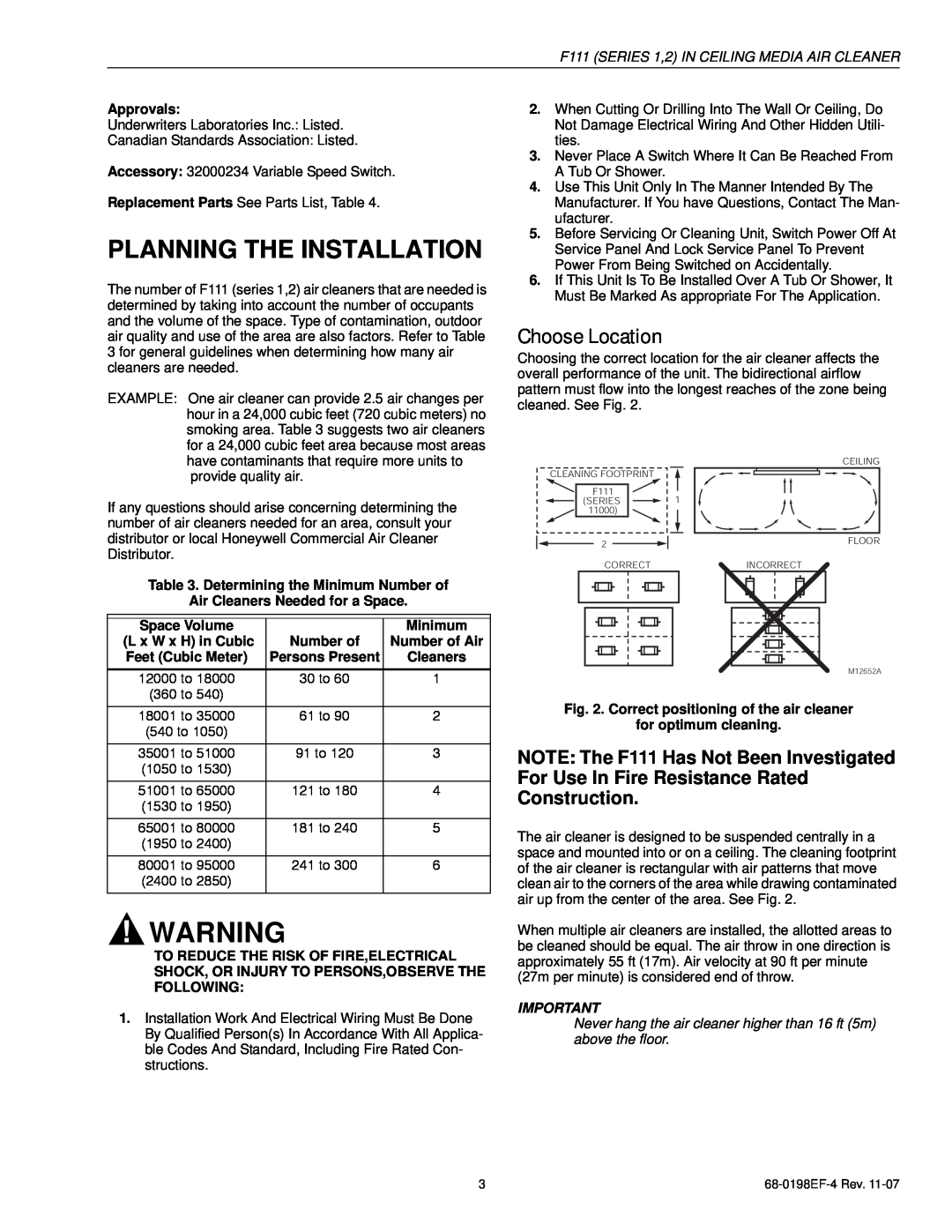 Honeywell F111 Series 1, F111 Series 2 Planning The Installation, Choose Location, NOTE The F111 Has Not Been Investigated 
