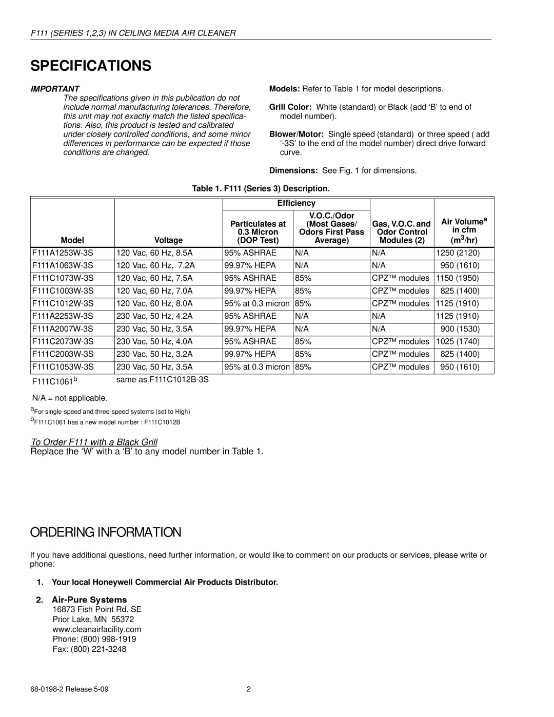 Honeywell specifications Specifications, Ordering Information, F111 Series 3 Description Efficiency 