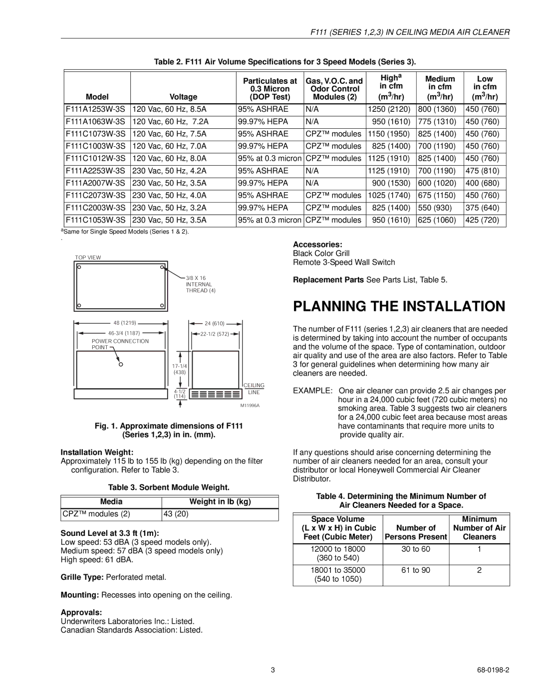 Honeywell F111 Series 3 specifications Planning the Installation 