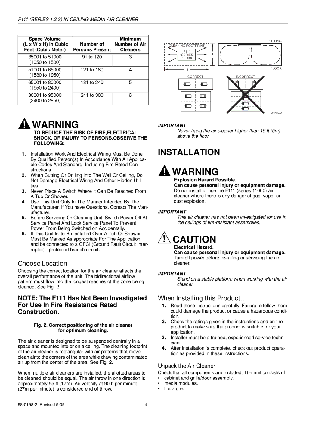 Honeywell F111 Series 3 specifications Installation, Choose Location, When Installing this Product…, Unpack the Air Cleaner 