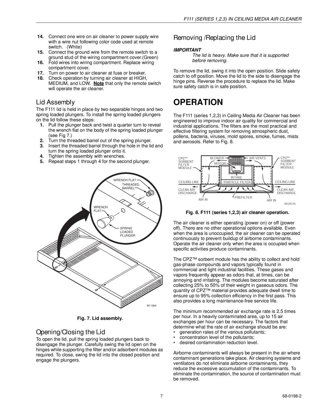 Honeywell F111 Series 3 specifications Operation, Removing /Replacing the Lid, Lid Assembly, Opening/Closing the Lid 