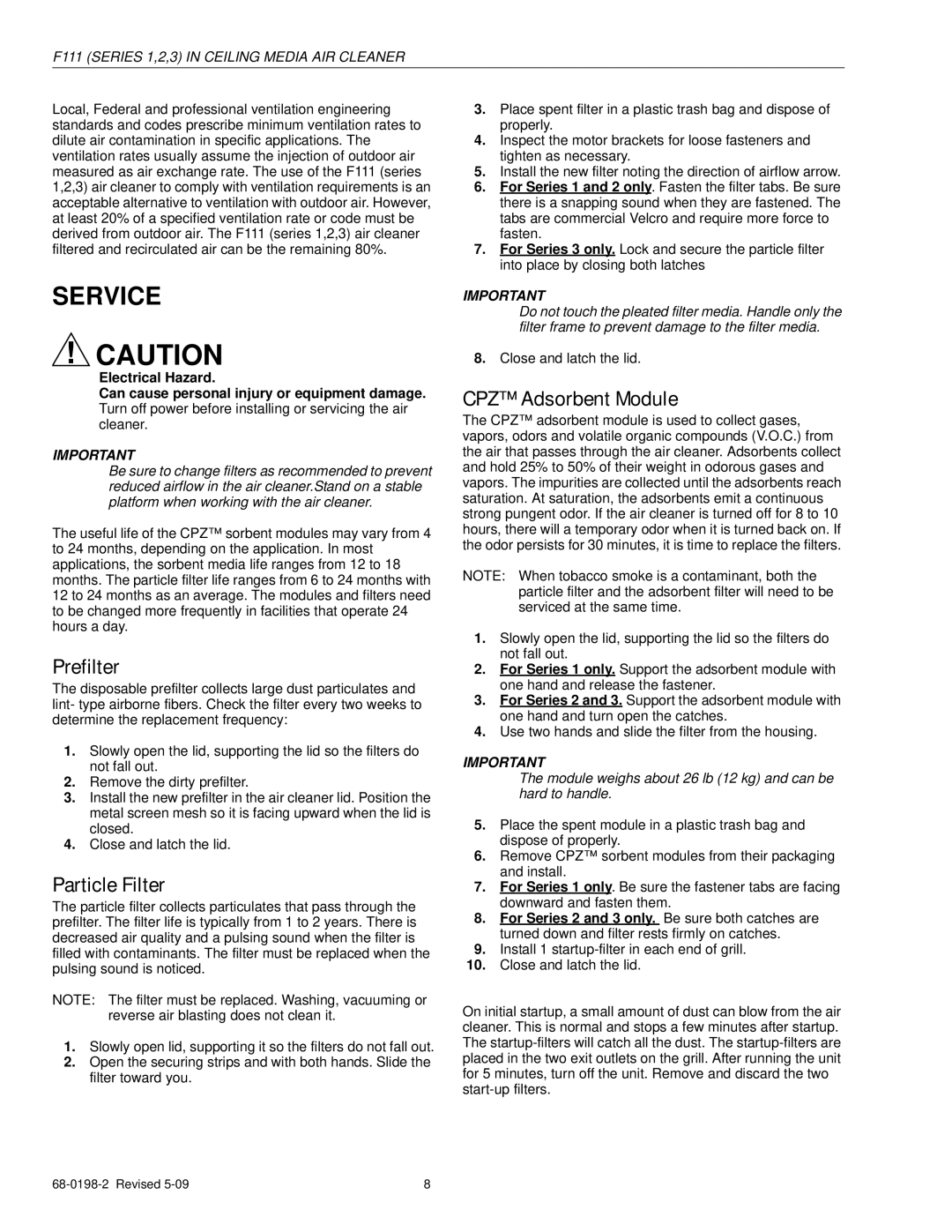 Honeywell F111 Series 3 specifications Service, Prefilter, Particle Filter, CPZ Adsorbent Module 