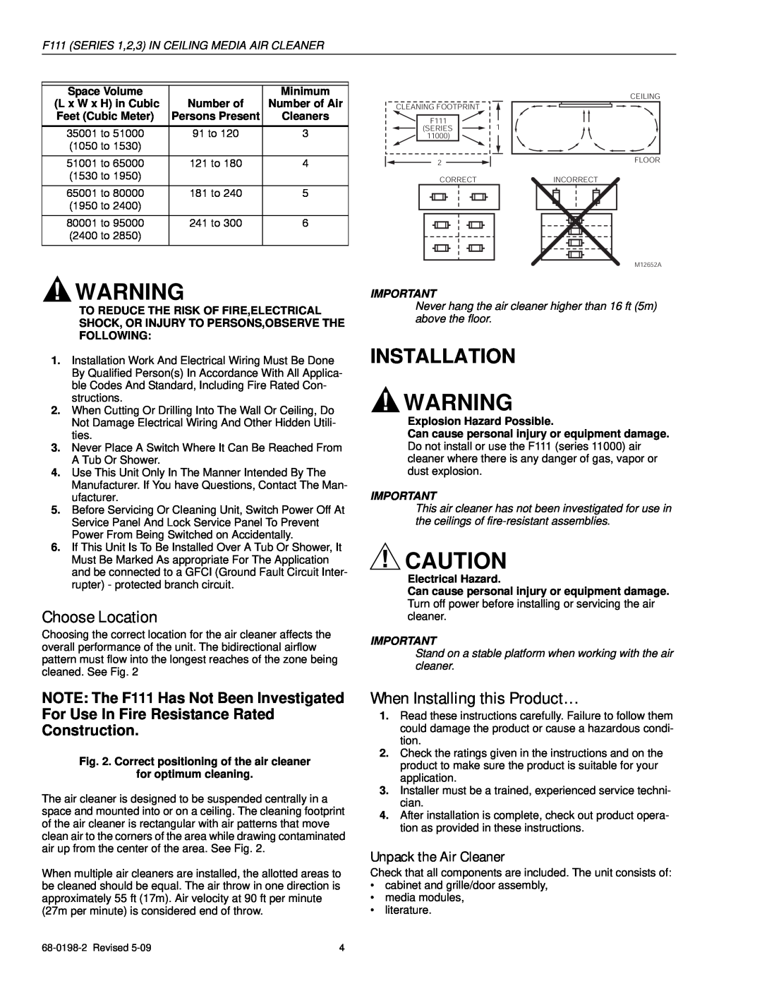 Honeywell F111 Series 3 specifications Installation, Choose Location, When Installing this Product…, Unpack the Air Cleaner 