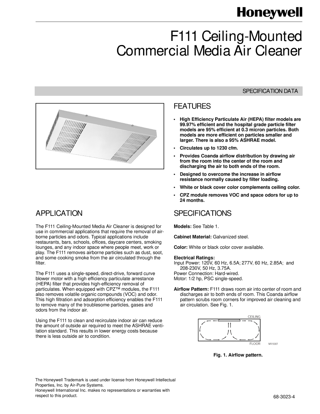 Honeywell F111 specifications Features, Application, Specifications, Cabinet Material Galvanized steel, Electrical Ratings 