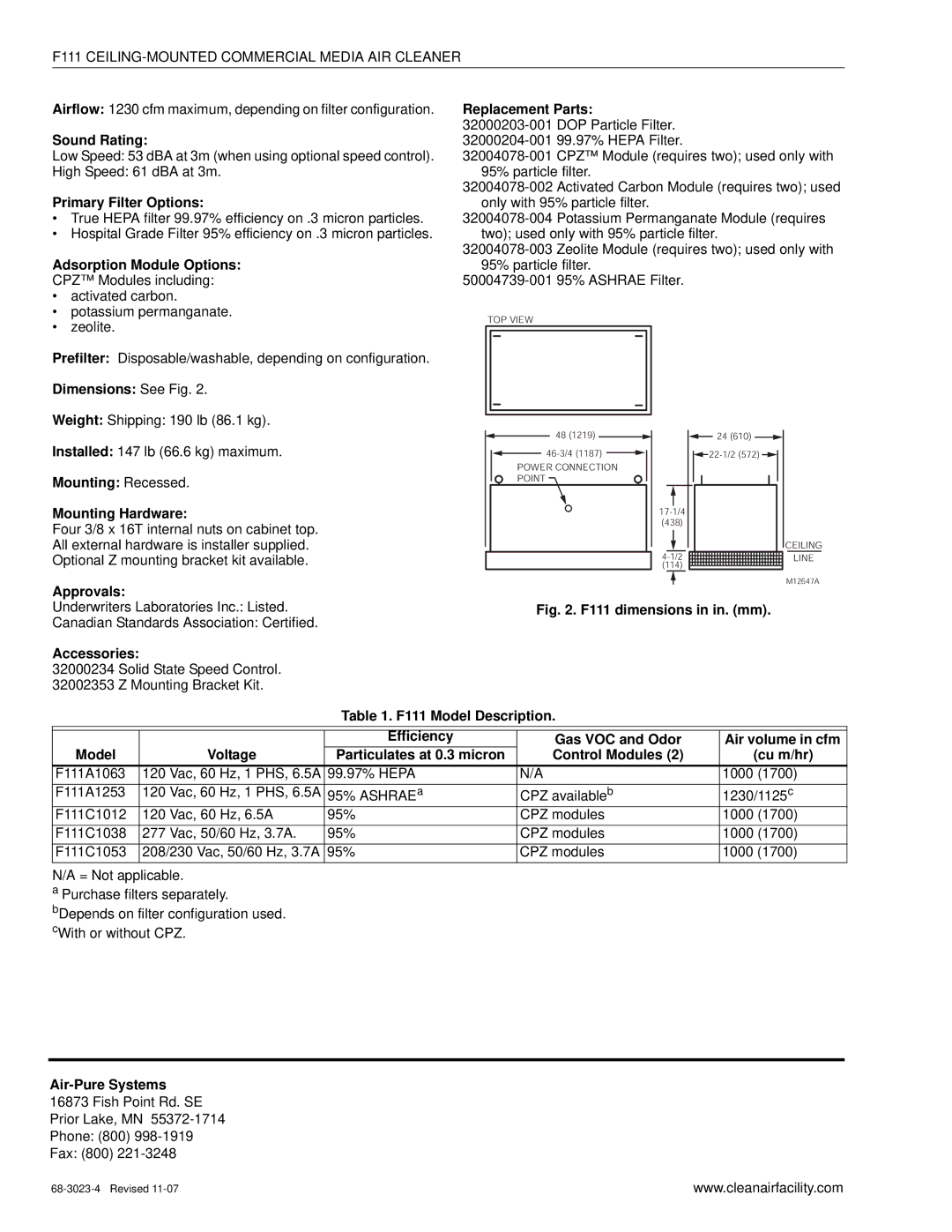 Honeywell F111 Replacement Parts, Sound Rating, Primary Filter Options, Adsorption Module Options, Dimensions See Fig 