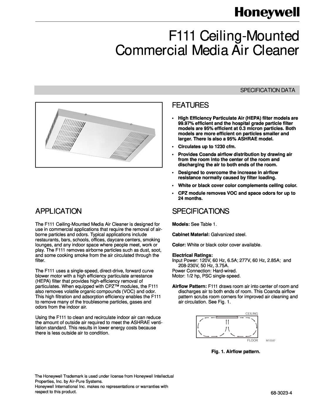 Honeywell specifications F111 Ceiling-MountedCommercial Media Air Cleaner, Features, Application, Specifications 