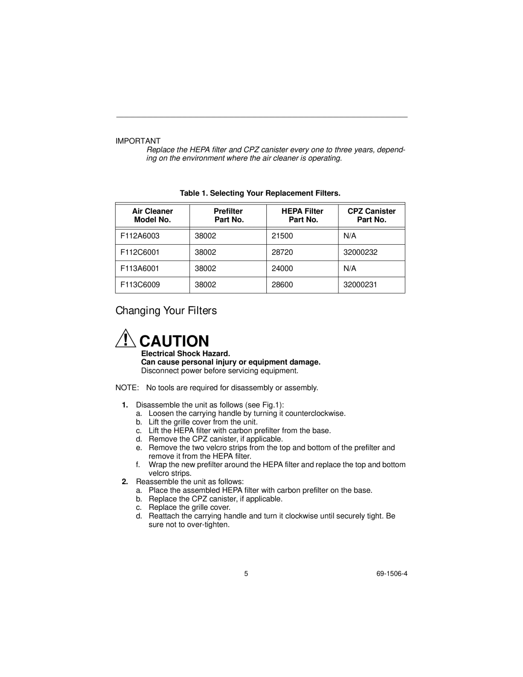 Honeywell F113A, F112C, F113C manual Changing Your Filters 