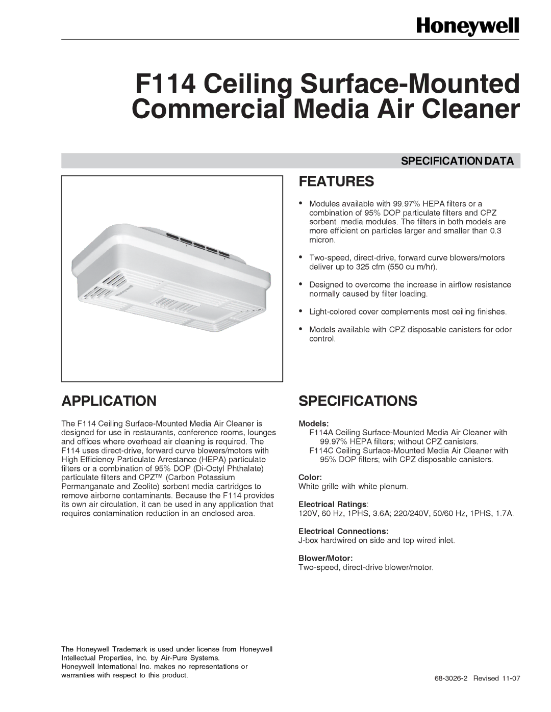 Honeywell F114C, F114A specifications F114 Ceiling Surface-Mounted Commercial Media Air Cleaner, Features, Application 